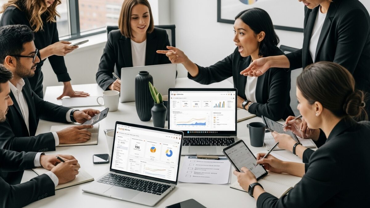Google Ads checklist optimalisatie, teamwork, kantoor