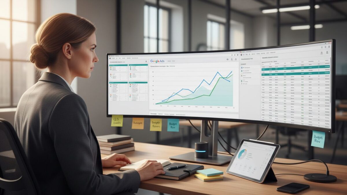 Marketer analyzing Google Ads optimization dashboard