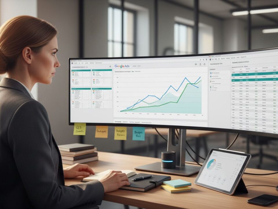 Marketer analyzing Google Ads optimization dashboard