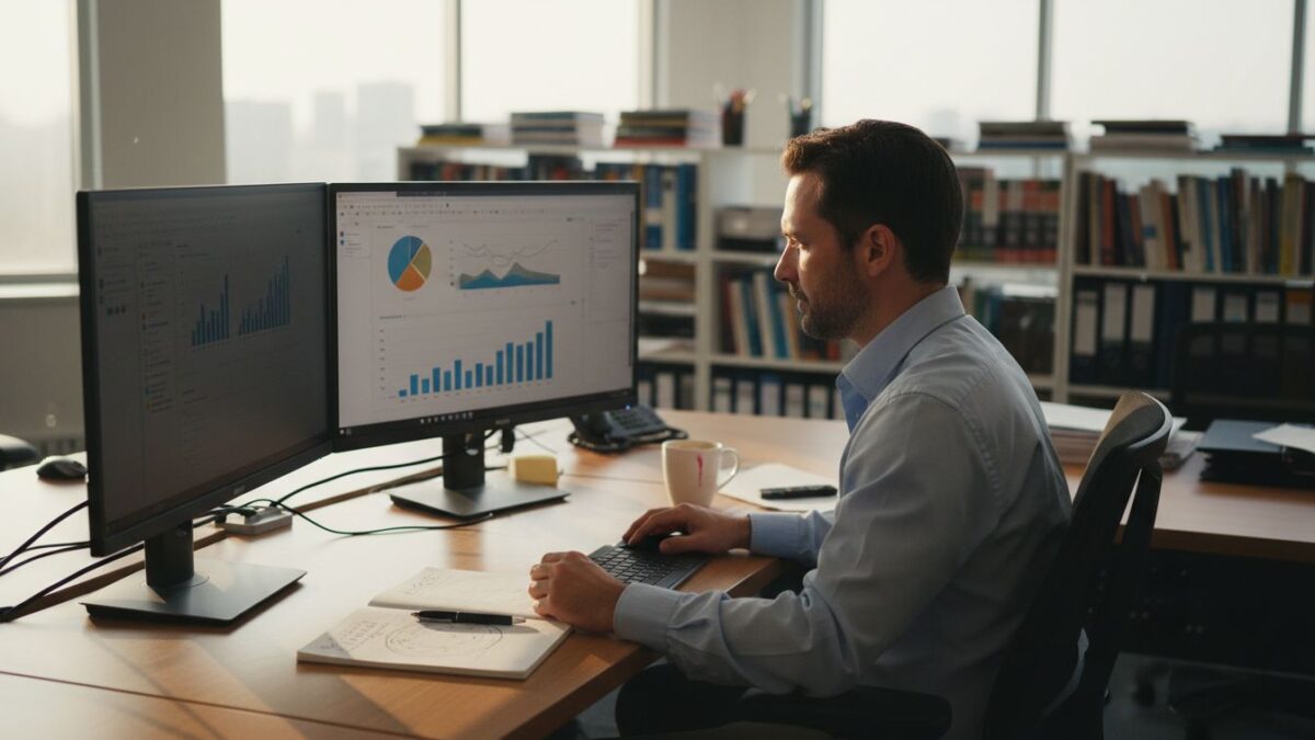 Marketer reviews online campaign at office desk