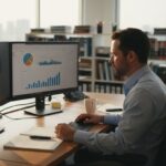 Marketer reviews online campaign at office desk