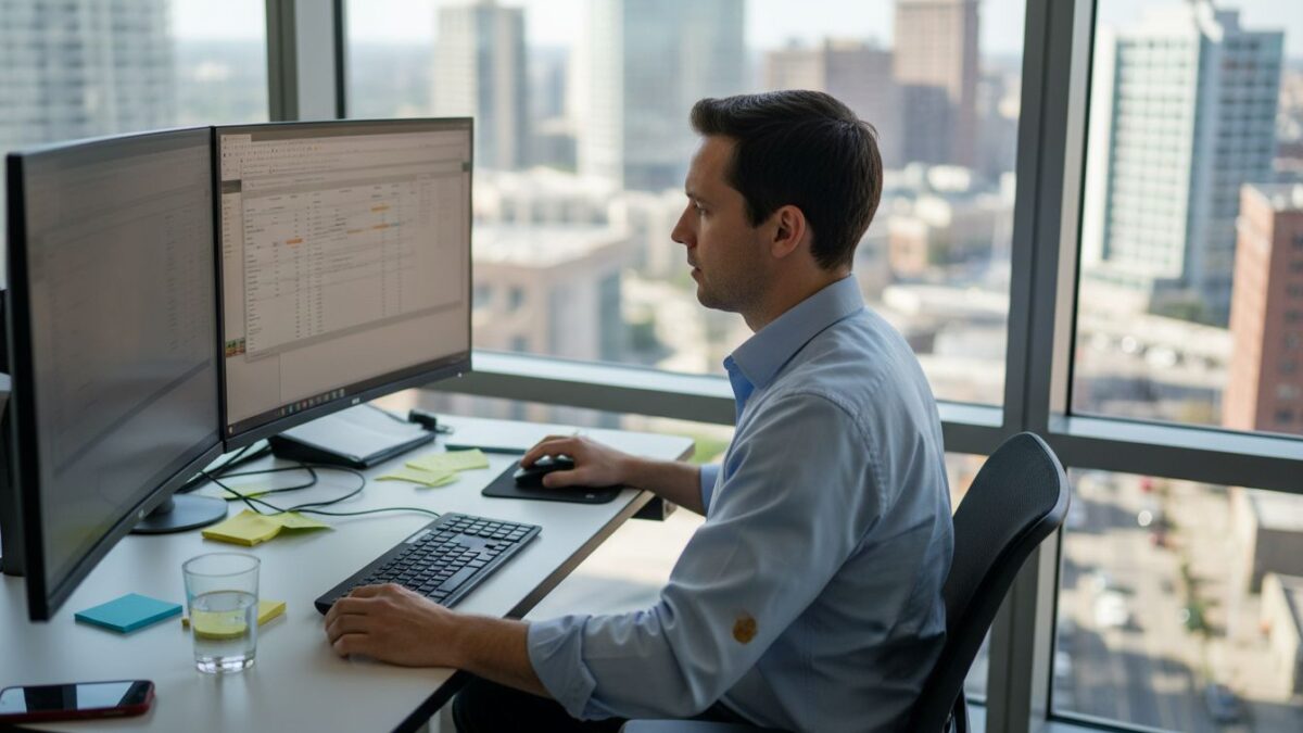 Man reviewing search ads in sunny corner office