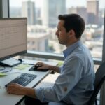 Man reviewing search ads in sunny corner office