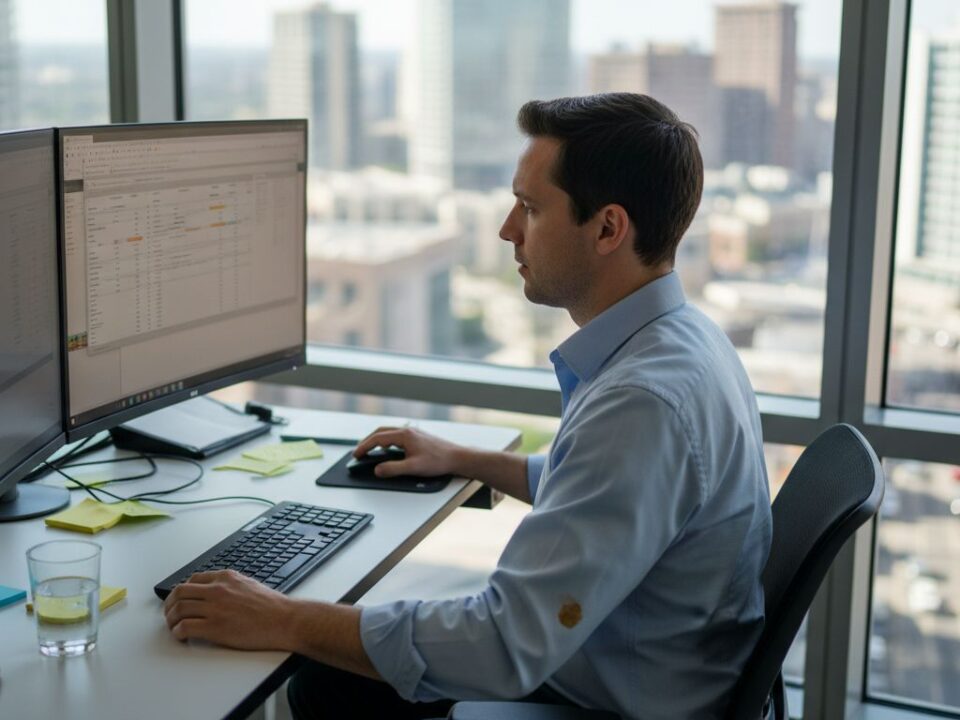 Man reviewing search ads in sunny corner office