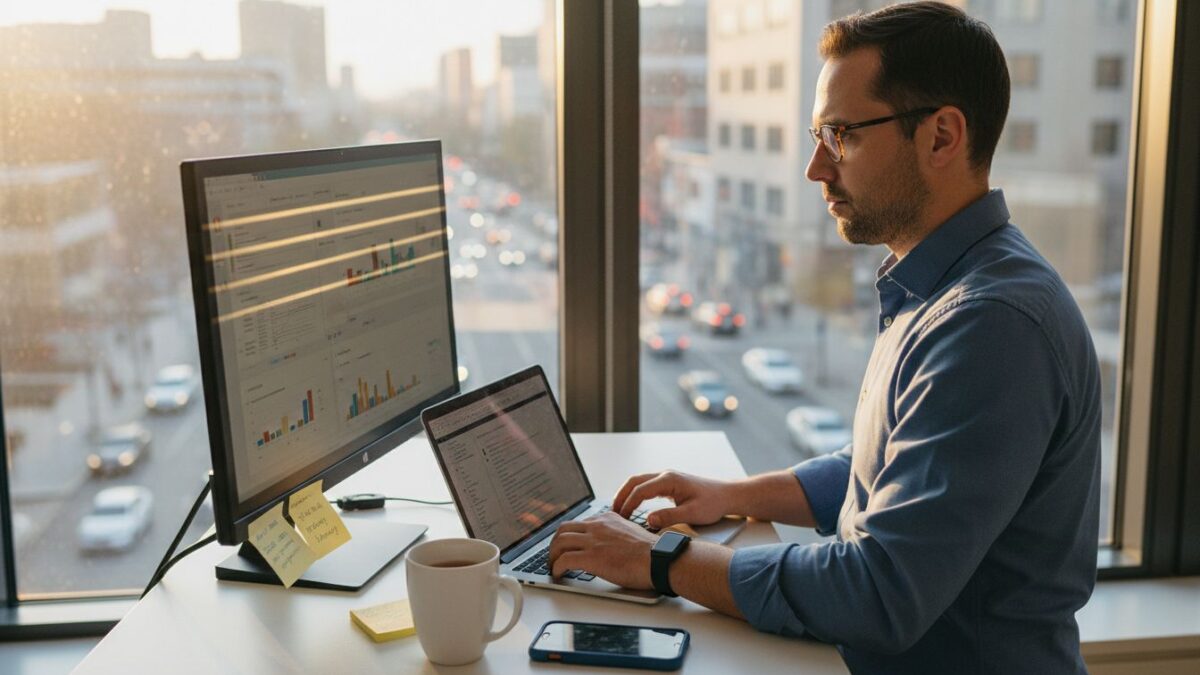 Man analyzing Google Ads lead data in bright office