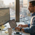 Man analyzing Google Ads lead data in bright office