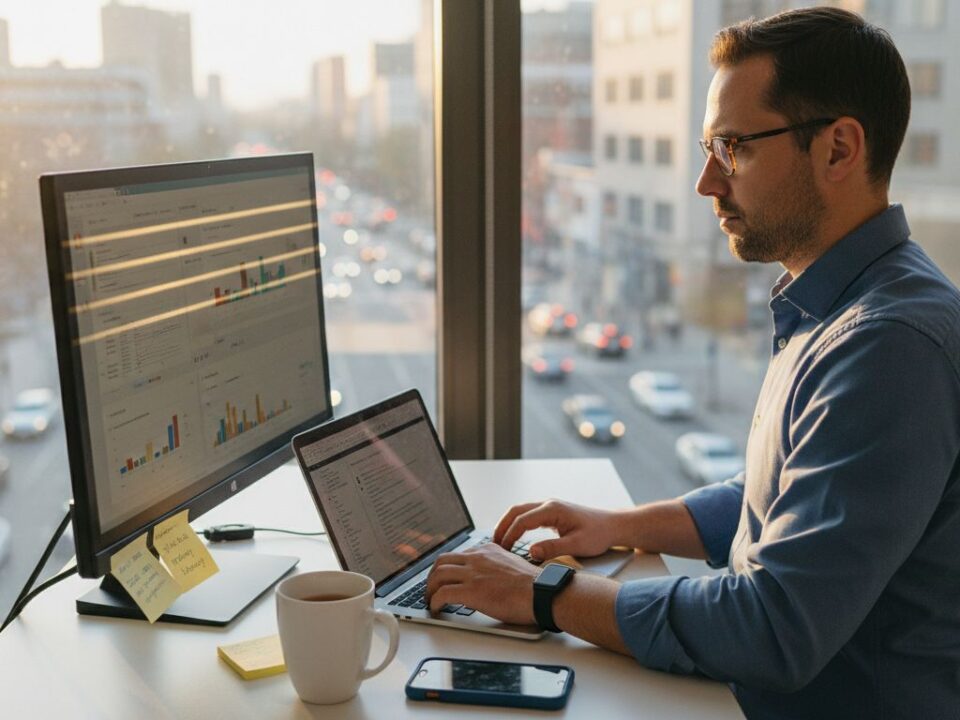 Man analyzing Google Ads lead data in bright office
