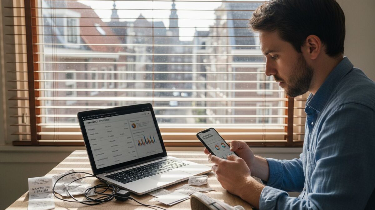 Een marketeer bekijkt op kantoor de resultaten van mobiele advertenties.