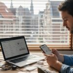 Een marketeer bekijkt op kantoor de resultaten van mobiele advertenties.