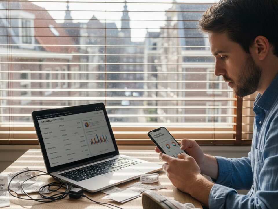 Een marketeer bekijkt op kantoor de resultaten van mobiele advertenties.