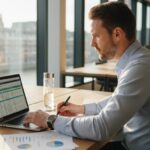 De marketingmanager bekijkt het advertentiebudget op zijn laptop.