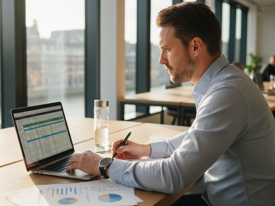 De marketingmanager bekijkt het advertentiebudget op zijn laptop.