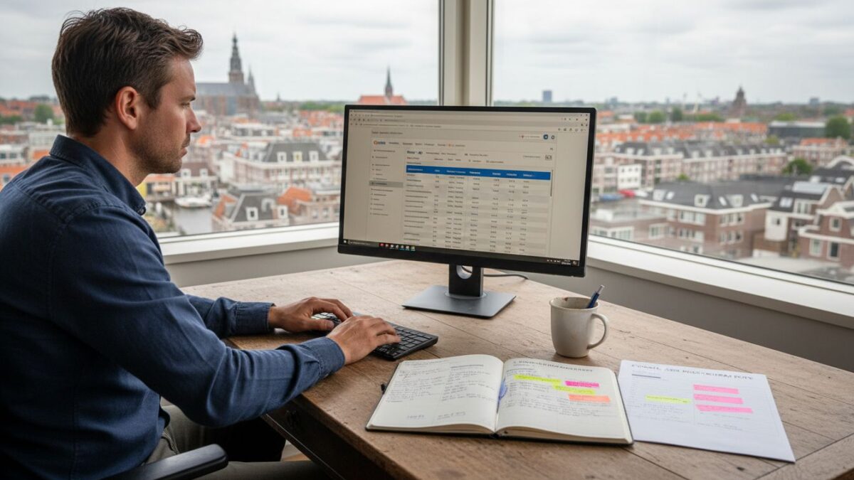 Een marketingspecialist zit achter zijn bureau en duikt diep in de cijfers van Google Ads om de campagnes te optimaliseren.