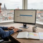 Een marketingspecialist zit achter zijn bureau en duikt diep in de cijfers van Google Ads om de campagnes te optimaliseren.