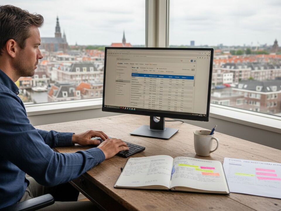 Een marketingspecialist zit achter zijn bureau en duikt diep in de cijfers van Google Ads om de campagnes te optimaliseren.