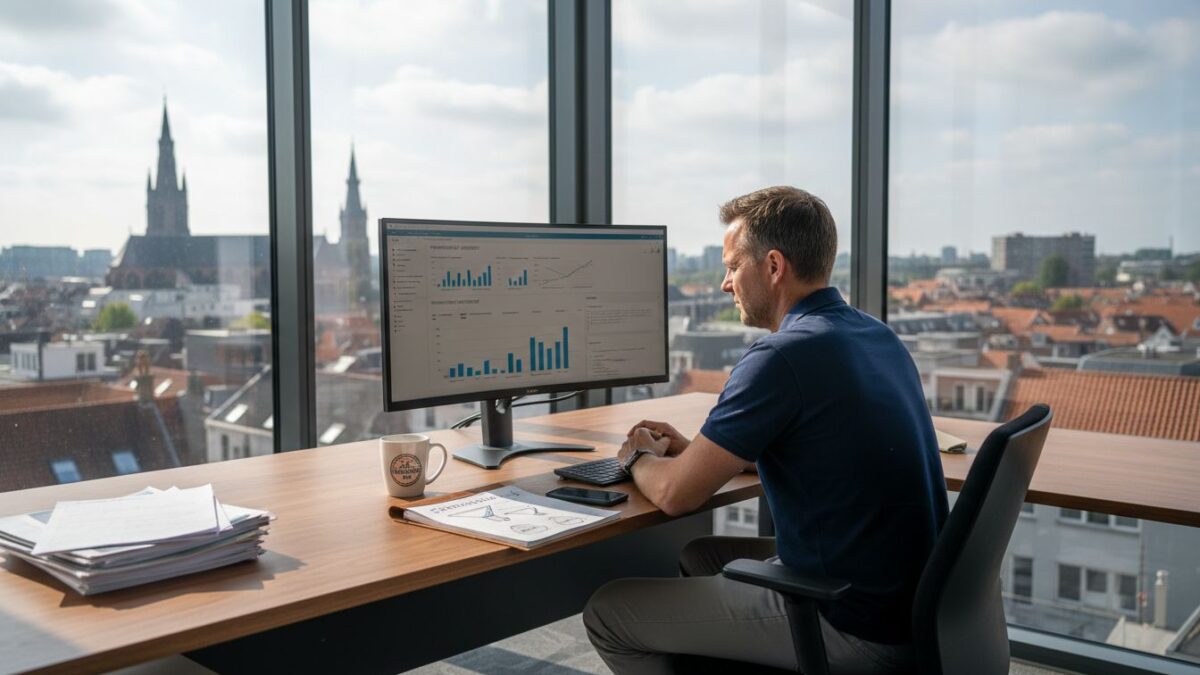 Een marketeer bekijkt de prestaties van Google Ads vanaf zijn hoekbureau op kantoor.