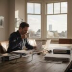 Een manager buigt zich over de begrotingsplannen aan de tafel in zijn hoekbureau.