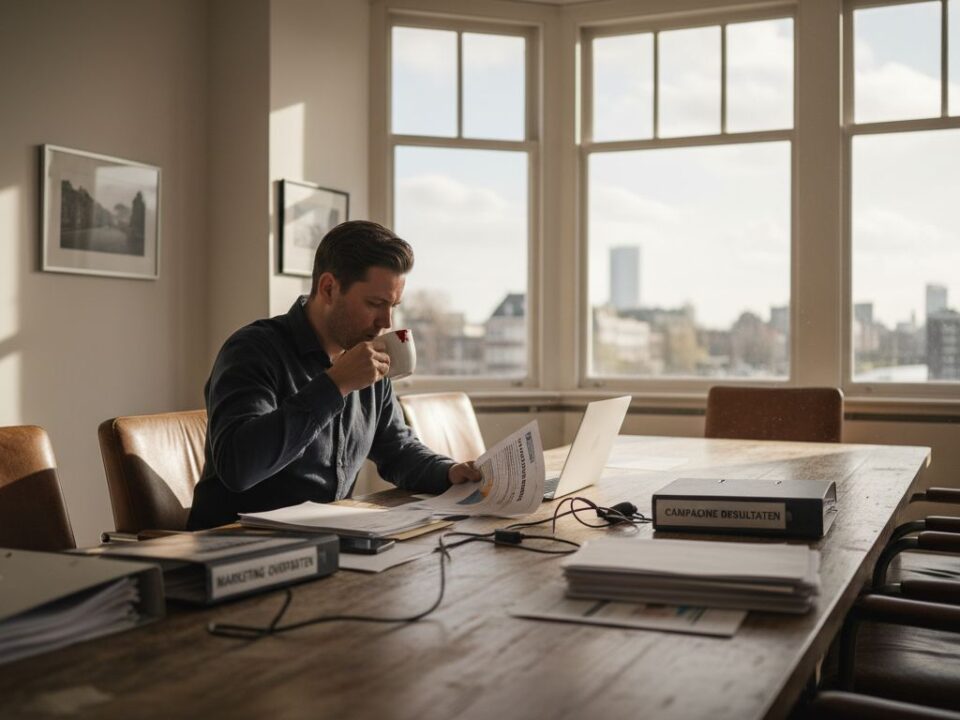 Een manager buigt zich over de begrotingsplannen aan de tafel in zijn hoekbureau.