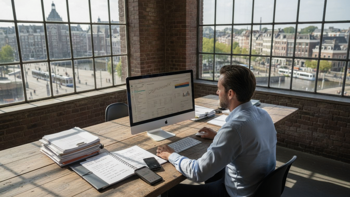Een online marketeer bekijkt de recente cijfers en statistieken op kantoor.