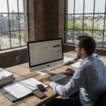 Een online marketeer bekijkt de recente cijfers en statistieken op kantoor.