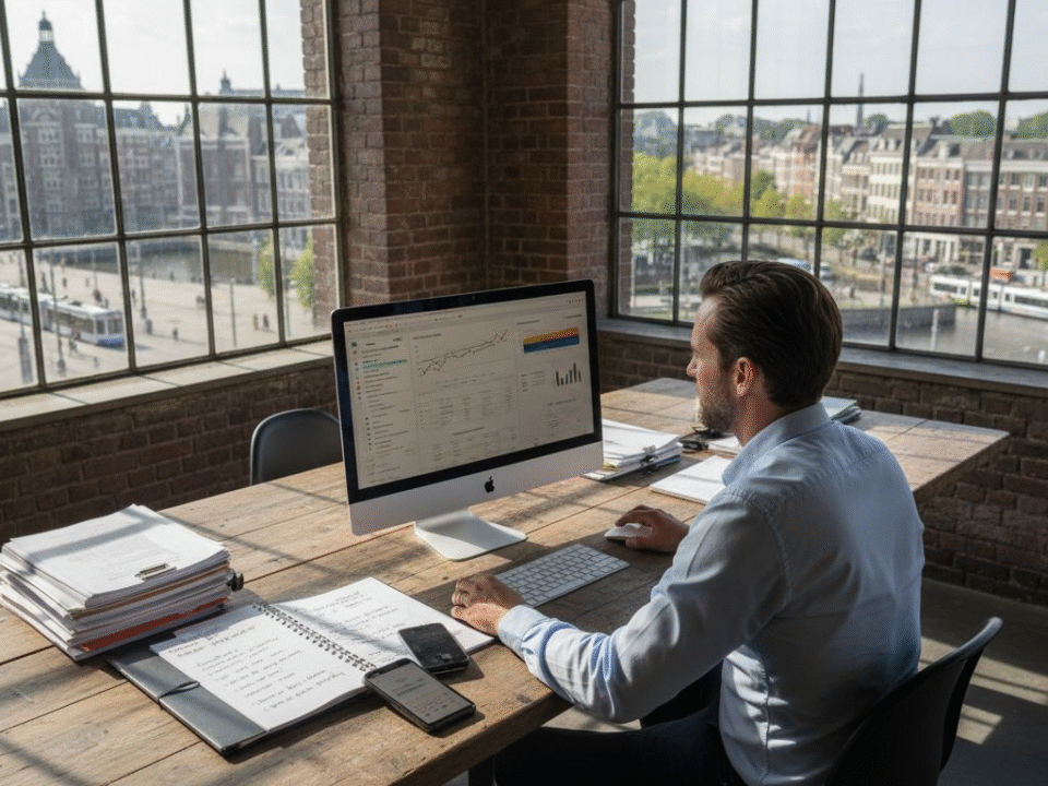 Een online marketeer bekijkt de recente cijfers en statistieken op kantoor.