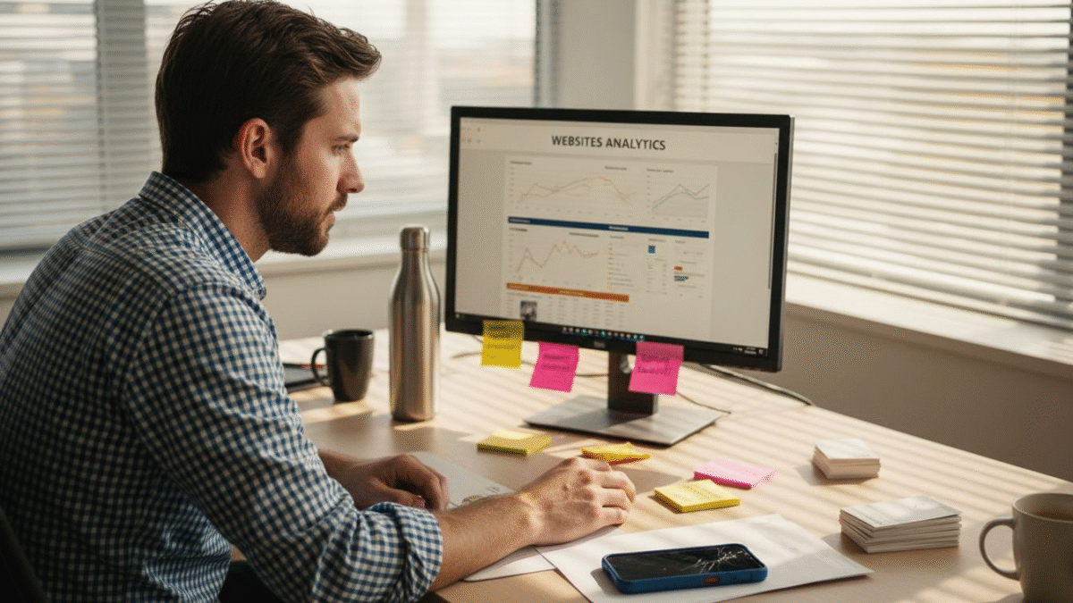 Een marketeer bekijkt de website-statistieken op kantoor.