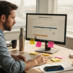 Een marketeer bekijkt de website-statistieken op kantoor.