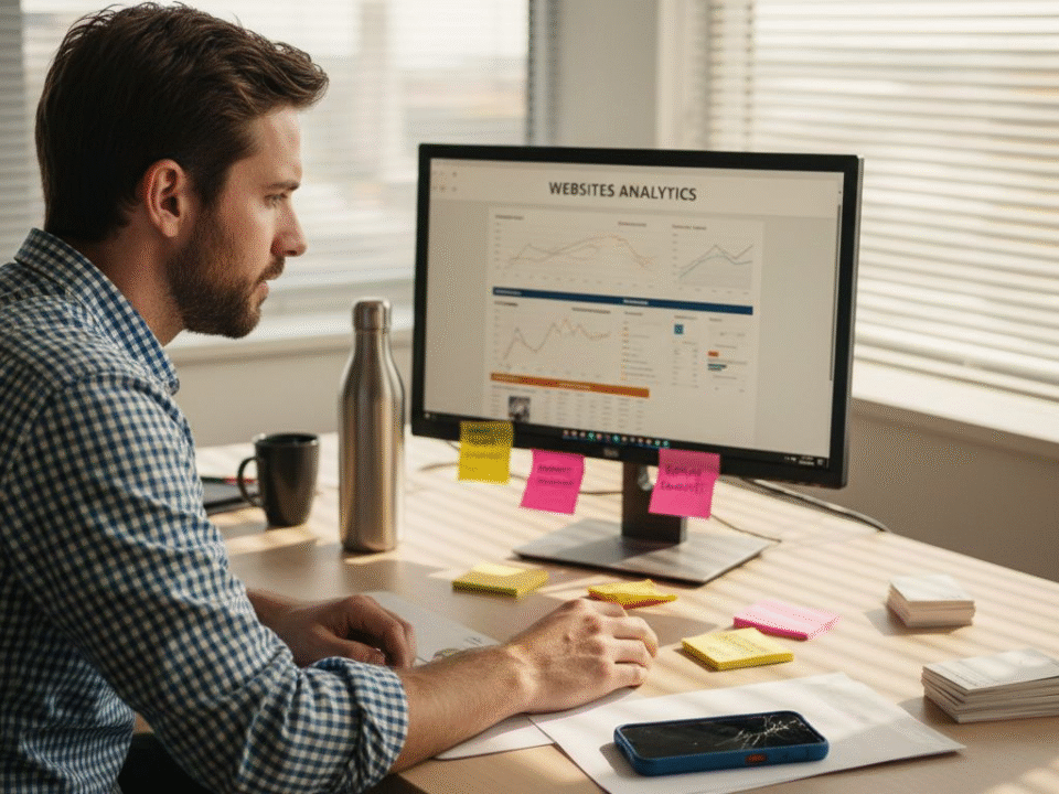 Een marketeer bekijkt de website-statistieken op kantoor.