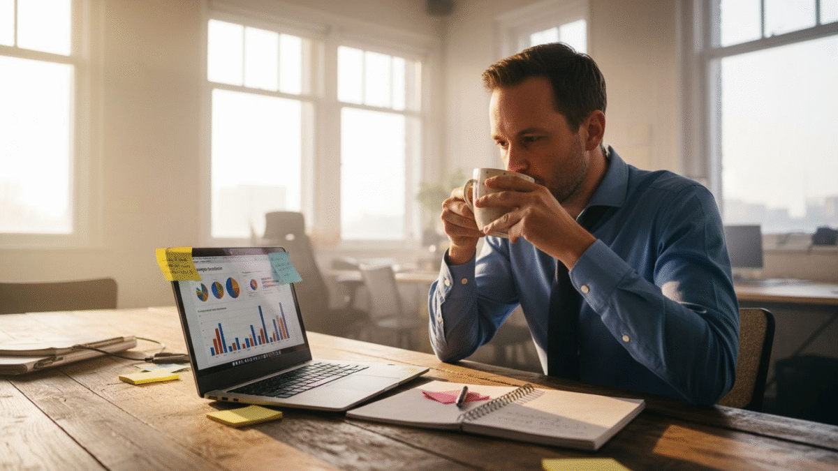 Man bekijkt campagnestatistieken in een zonnig kantoor