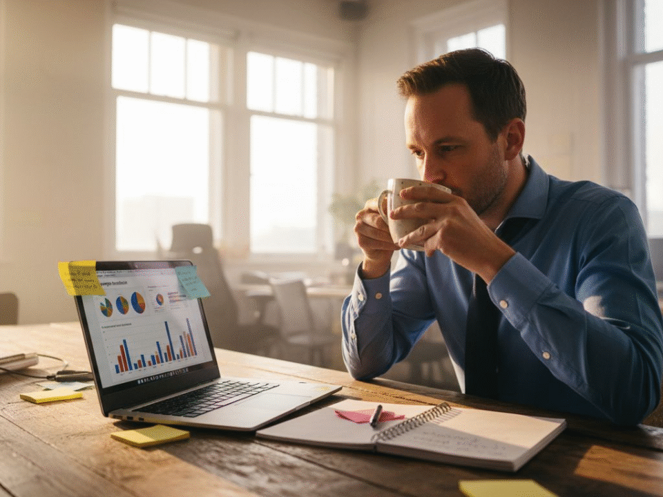 Man bekijkt campagnestatistieken in een zonnig kantoor