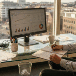 Een man bekijkt in zijn kantoor de resultaten van zijn zoekadvertenties en analyseert hoe deze presteren.