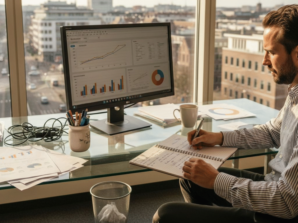 Een man bekijkt in zijn kantoor de resultaten van zijn zoekadvertenties en analyseert hoe deze presteren.