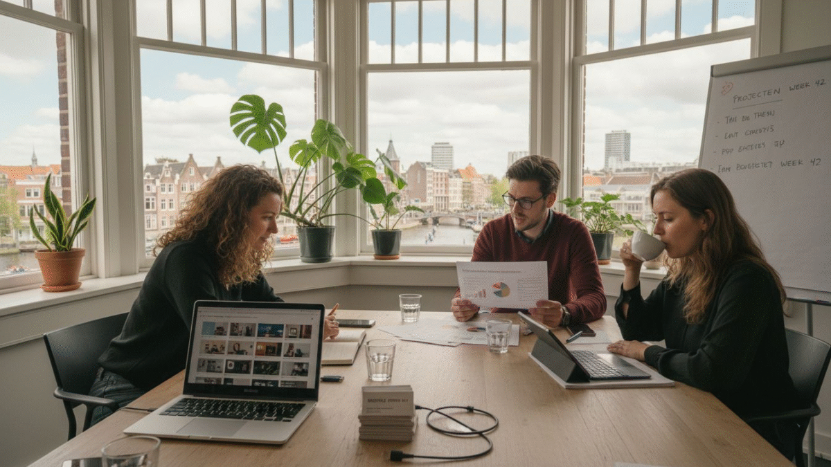 Het team werkt samen aan een doordachte marketingstrategie voor de webshop.