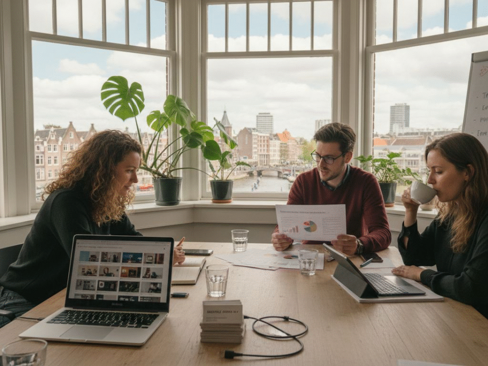 Het team werkt samen aan een doordachte marketingstrategie voor de webshop.