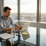 Een manager bekijkt op kantoor de resultaten van een online advertentiecampagne.