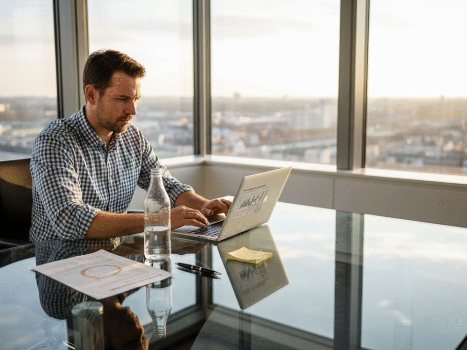 Een manager bekijkt op kantoor de resultaten van een online advertentiecampagne.