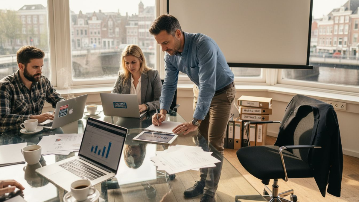 Het marketingteam zit samen op kantoor om de merkstrategie uit te stippelen.