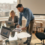 Het marketingteam zit samen op kantoor om de merkstrategie uit te stippelen.