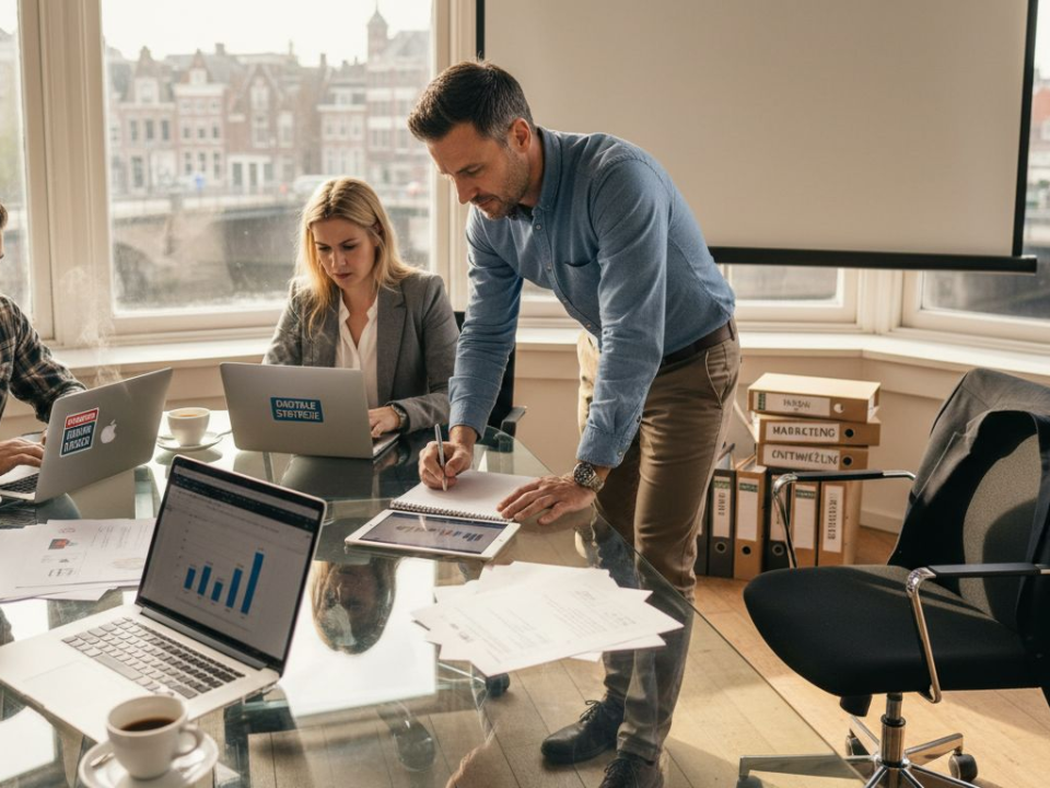 Het marketingteam zit samen op kantoor om de merkstrategie uit te stippelen.