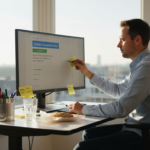 Een copywriter werkt geconcentreerd aan het aanscherpen van reclameteksten in een hoekbureau met uitzicht over de stad.