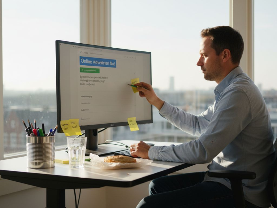 Een copywriter werkt geconcentreerd aan het aanscherpen van reclameteksten in een hoekbureau met uitzicht over de stad.