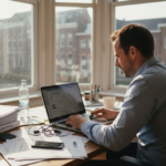 Man bekijkt Google Ads-rapporten aan zijn bureau