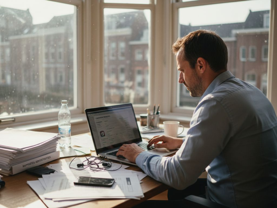 Man bekijkt Google Ads-rapporten aan zijn bureau