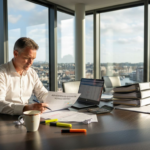 Een manager bekijkt de begroting aan een ruime vergadertafel op kantoor.