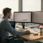 Een marketeer analyseert het Google Ads-dashboard op zijn werkplek.