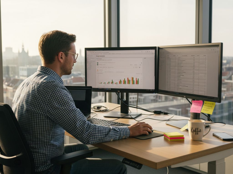 Een marketeer analyseert het Google Ads-dashboard op zijn werkplek.