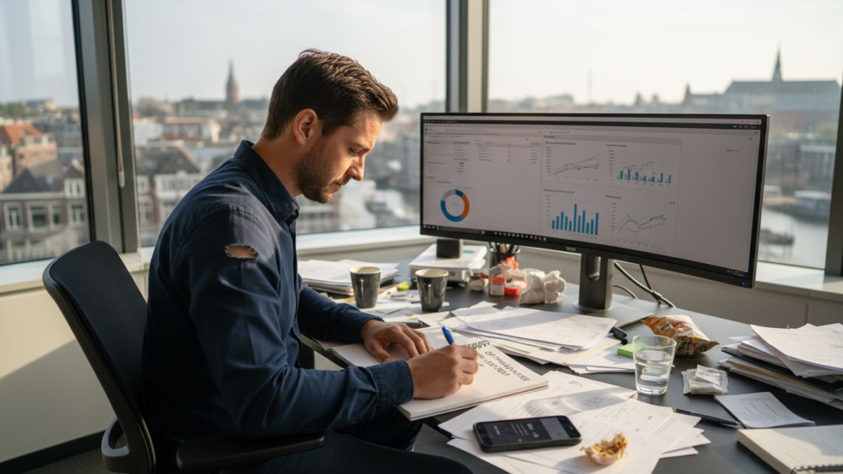 Een marketeer die de resultaten van digitale conversies onder de loep neemt.