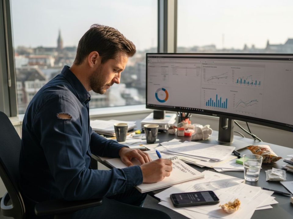 Een marketeer die de resultaten van digitale conversies onder de loep neemt.