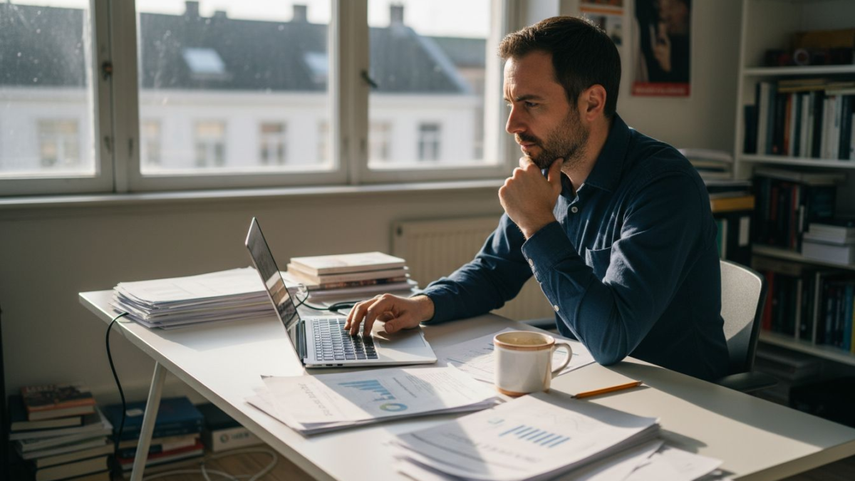 De marketeer bespreekt plannen in het tijdelijke kantoor voor het seizoen.