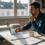 De marketeer bespreekt plannen in het tijdelijke kantoor voor het seizoen.